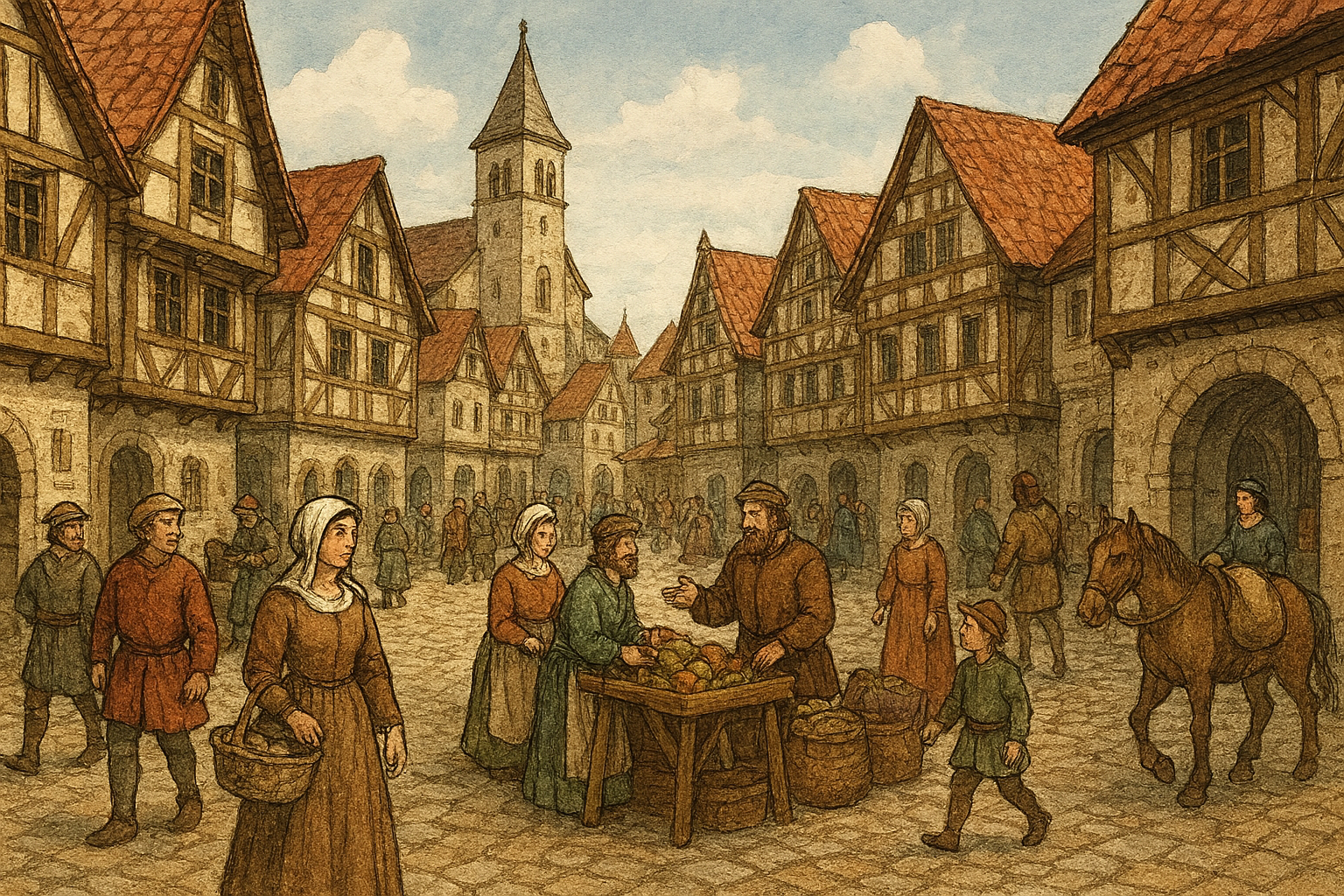 中世ヨーロッパの街並みと、そこで生活する人々の挿絵